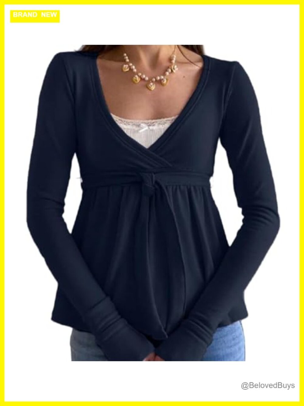 Y2K Babydoll Long Sleeve Scoop Neck Lace Trim Grunge Top Slim Fit